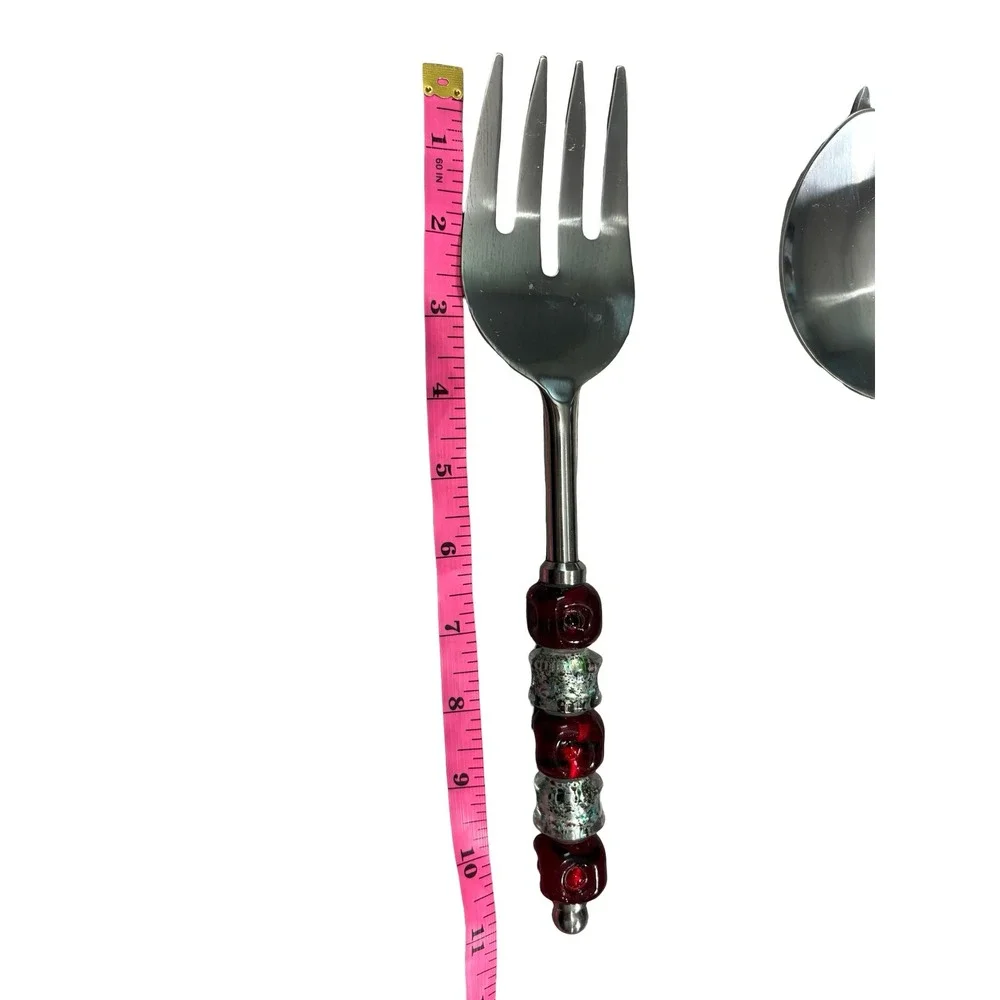 Handcrafted Beaded Serving Fork and Spoon Set Red Silver Glass Stainless Steel